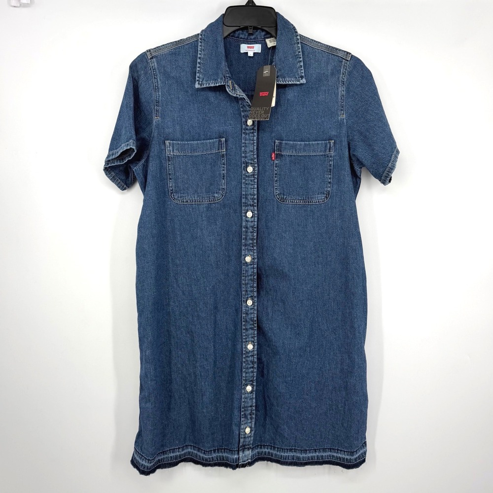 Levi's Denim Shirt Dress Womens Large Blue NWT Short Sleeve Frayed Hem